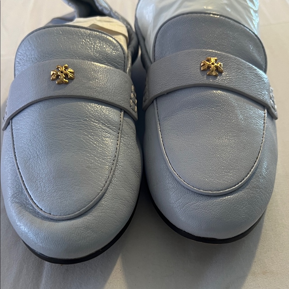 Tory Burch Powder Blue Leather Ballet Flat with Gold Logo